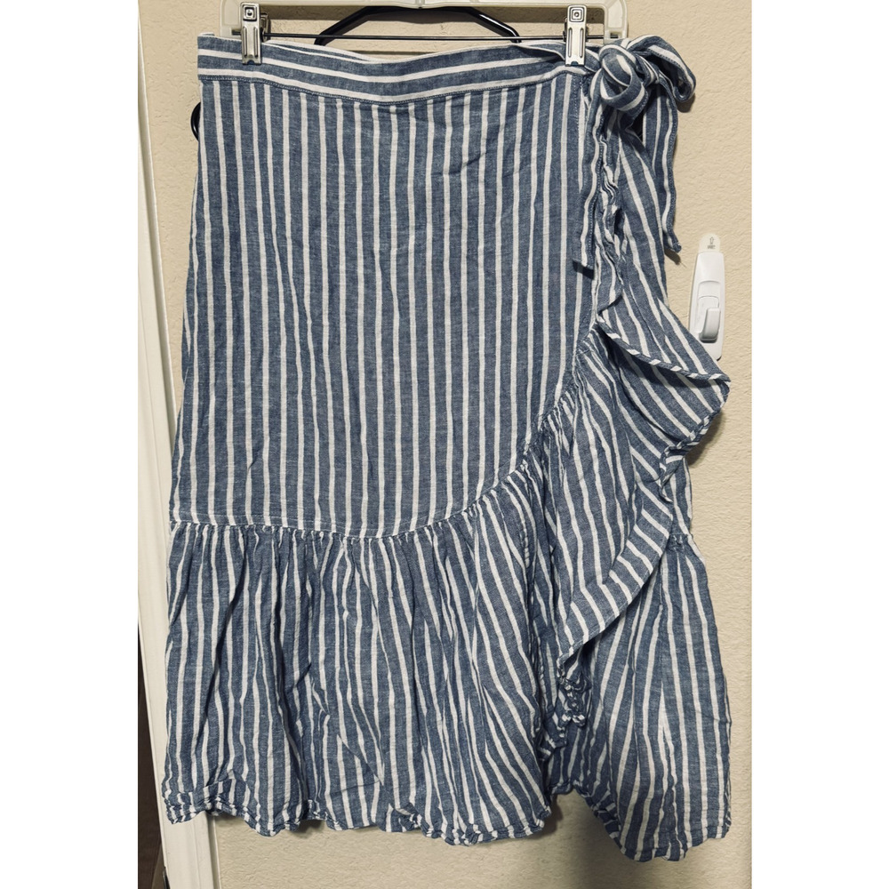 CHAPS Full Wrap Skirt Blue White Striped Linen Cotton Ruffle Tie Waist Beach‎ L